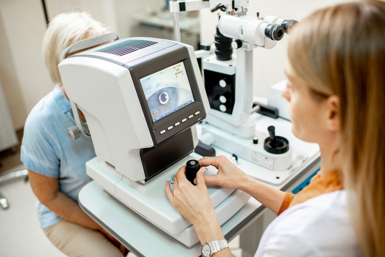 A phoropter in use during a contact lens exam
